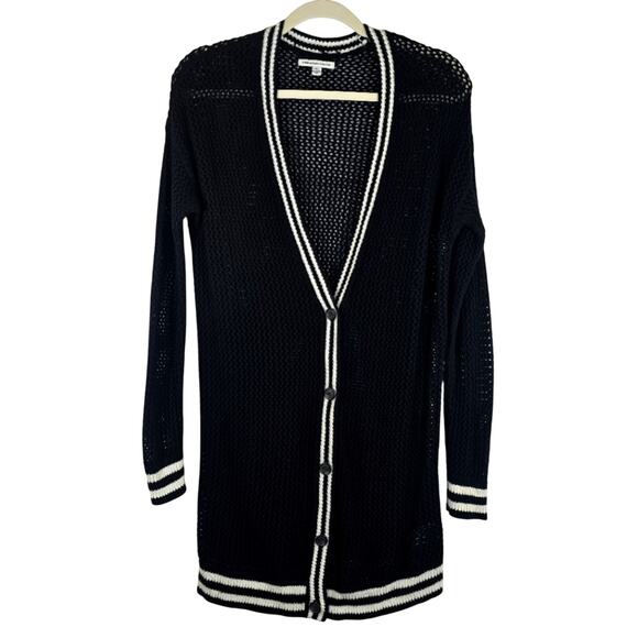 M American Eagle AEO Black White Open Knit Long Cardigan Sweater Size S Academia - Picture 1 of 8